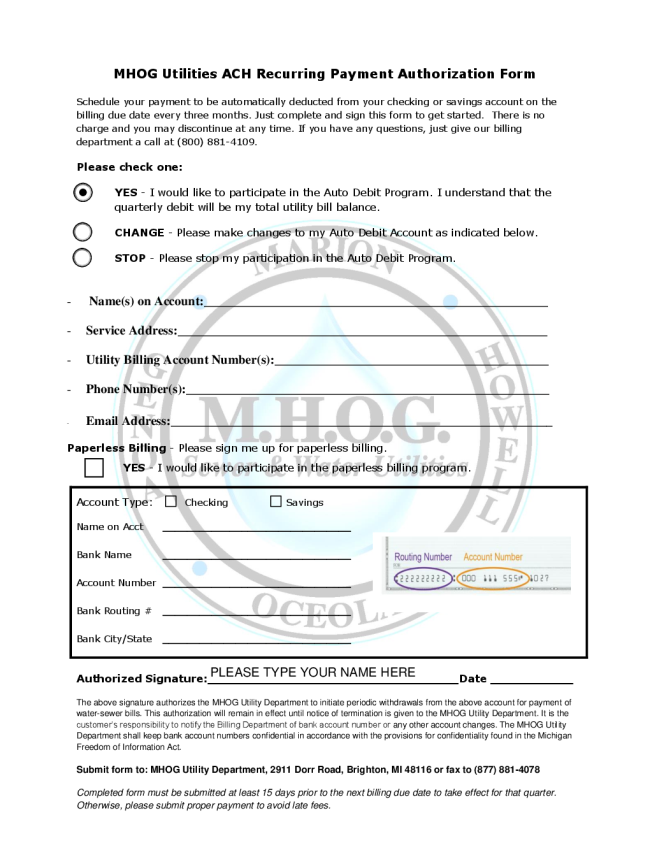 MHOG Utilities ACH Recurring Payment Authorization Form